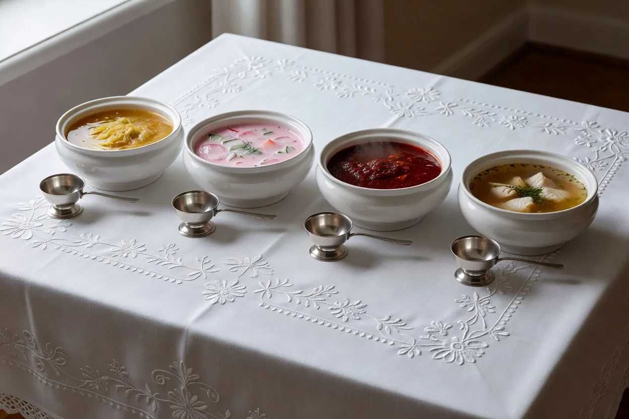 Table de réception russe avec quatre soupières distinctes contenant chtchi fumant, okrochka glacée, solianka et oukha claire