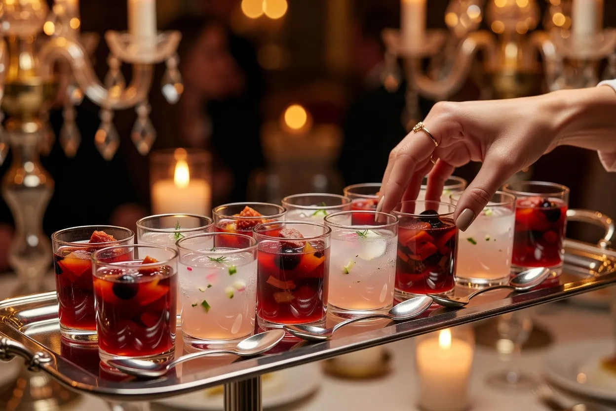 Verrines et tasses à anse contenant des portions individuelles de solianka et okrochka pour un service cocktail
