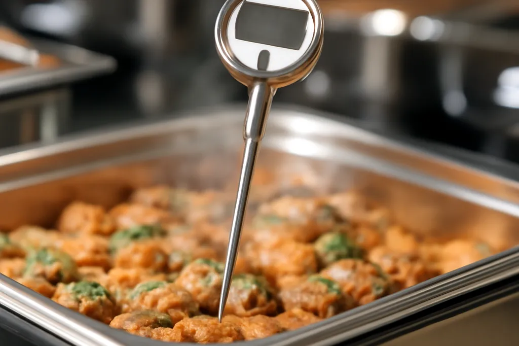 Thermomètre à sonde inséré dans un plat chaud de buffet, contexte traiteur professionnel