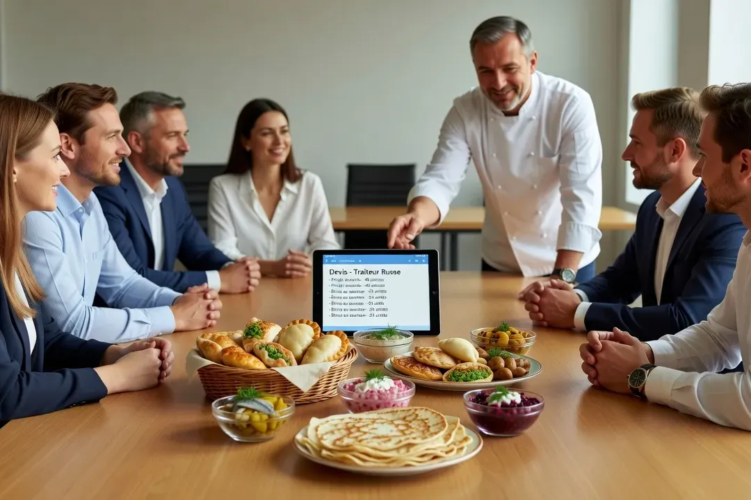 Clients discutant menu avec traiteur, tablette avec devis, échantillons de plats russes