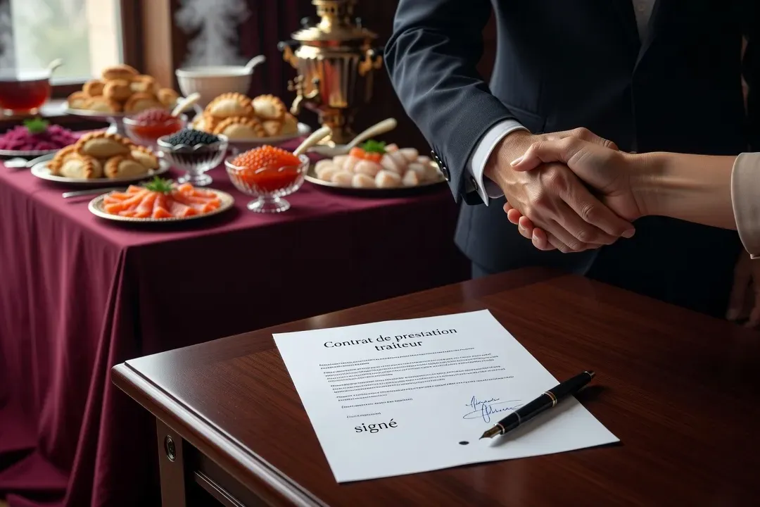Contrat signé entre client et traiteur, poignée de main, buffet russe en arrière-plan