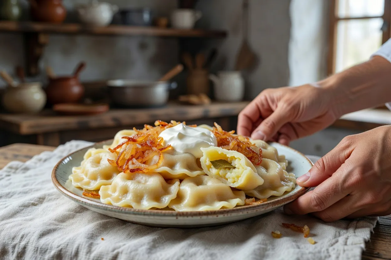 Plat de vareniki garni de crème aigre et d'oignons frits, un ravioli ouvert laissant voir une feuille de laurier, présenté par les mains d'un cuisinier