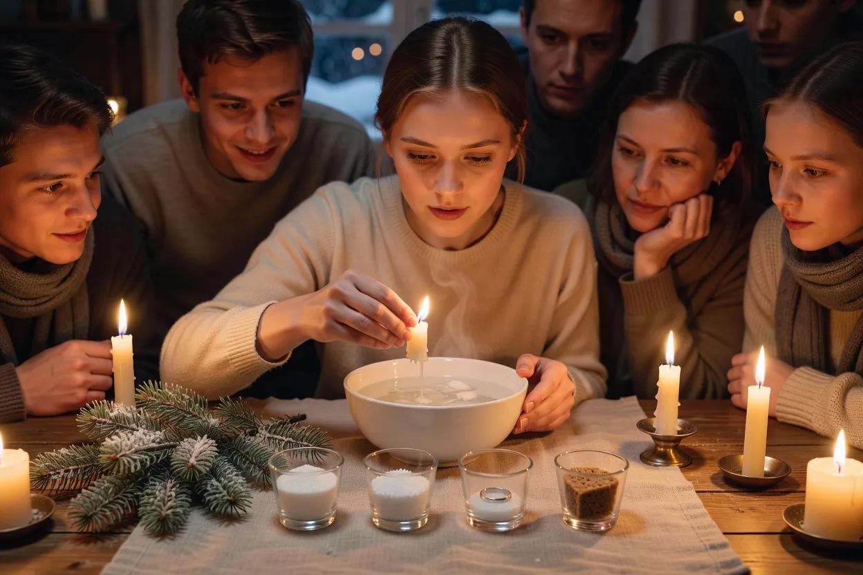 Jeune femme versant de la cire fondue dans un bol d'eau pour le gadanie de la Saint-Basile, entourée d'amis, verres de sucre, sel et bague alignés sur la table