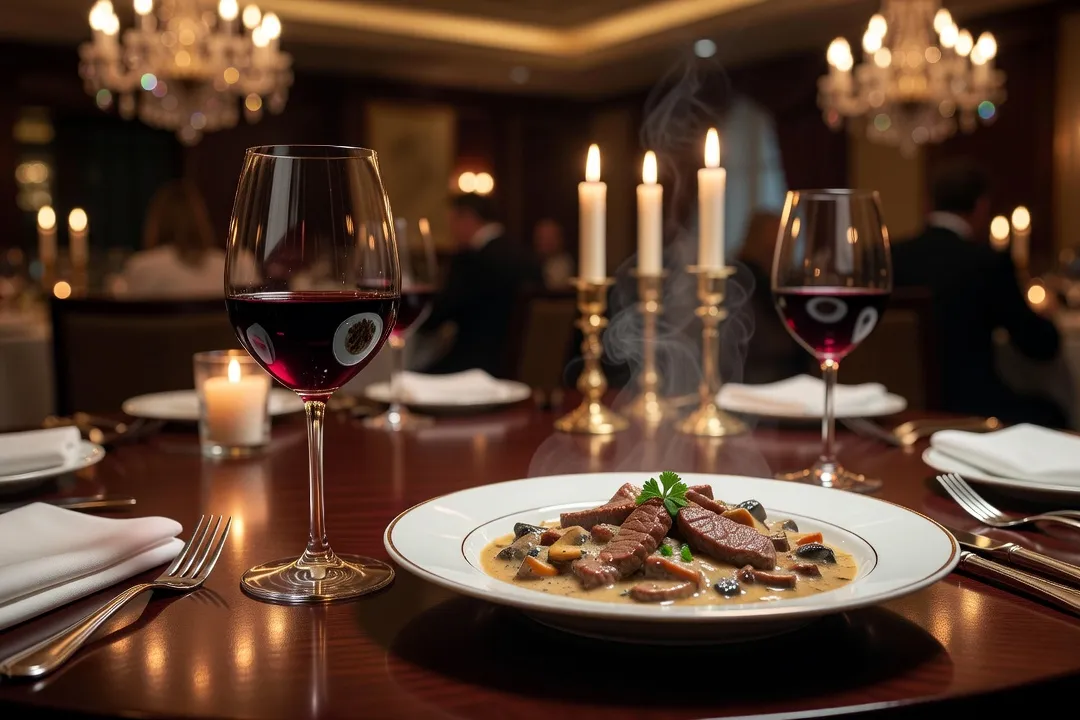 Verre de vin rouge léger servi à côté d'un plat chaud russe