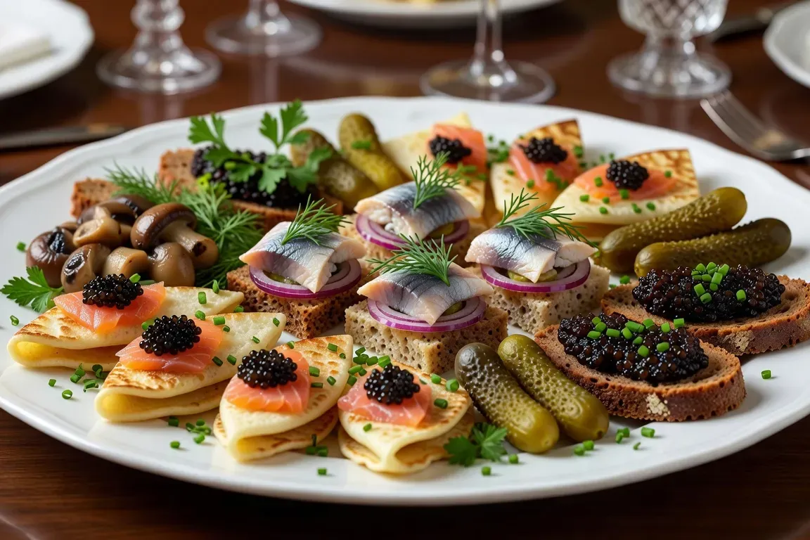 Plateau de zakouski variés présenté façon traiteur professionnel avec hareng, blinis, champignons marinés