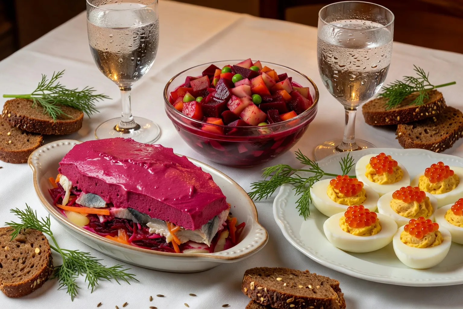 Table de zakouski variés avec hareng sous fourrure, vinegret et œufs de saumon