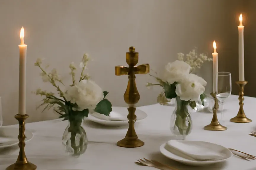Table de réception russe sobre et élégante dressée pour un baptême orthodoxe