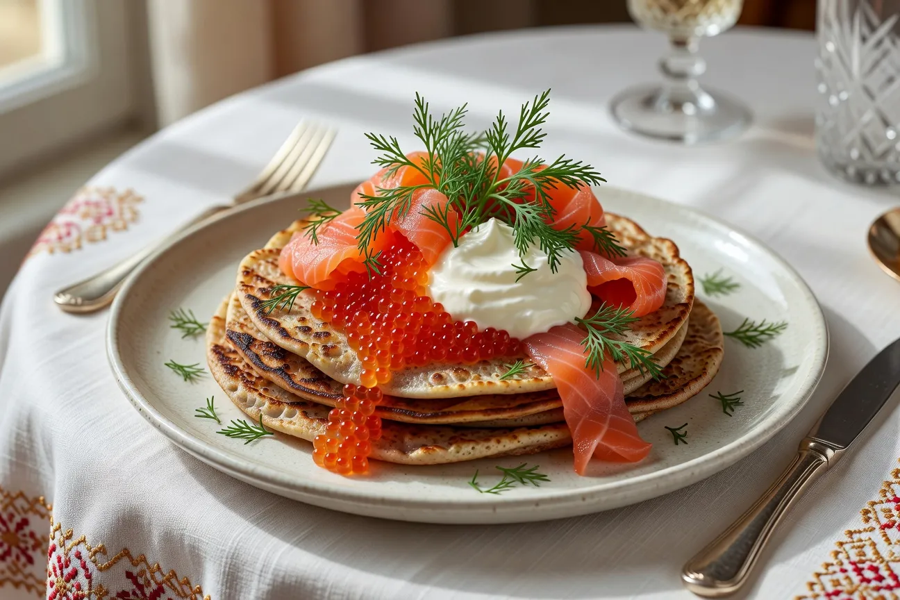 Plateau de blinis russes garnis au caviar rouge, saumon fumé et smetana