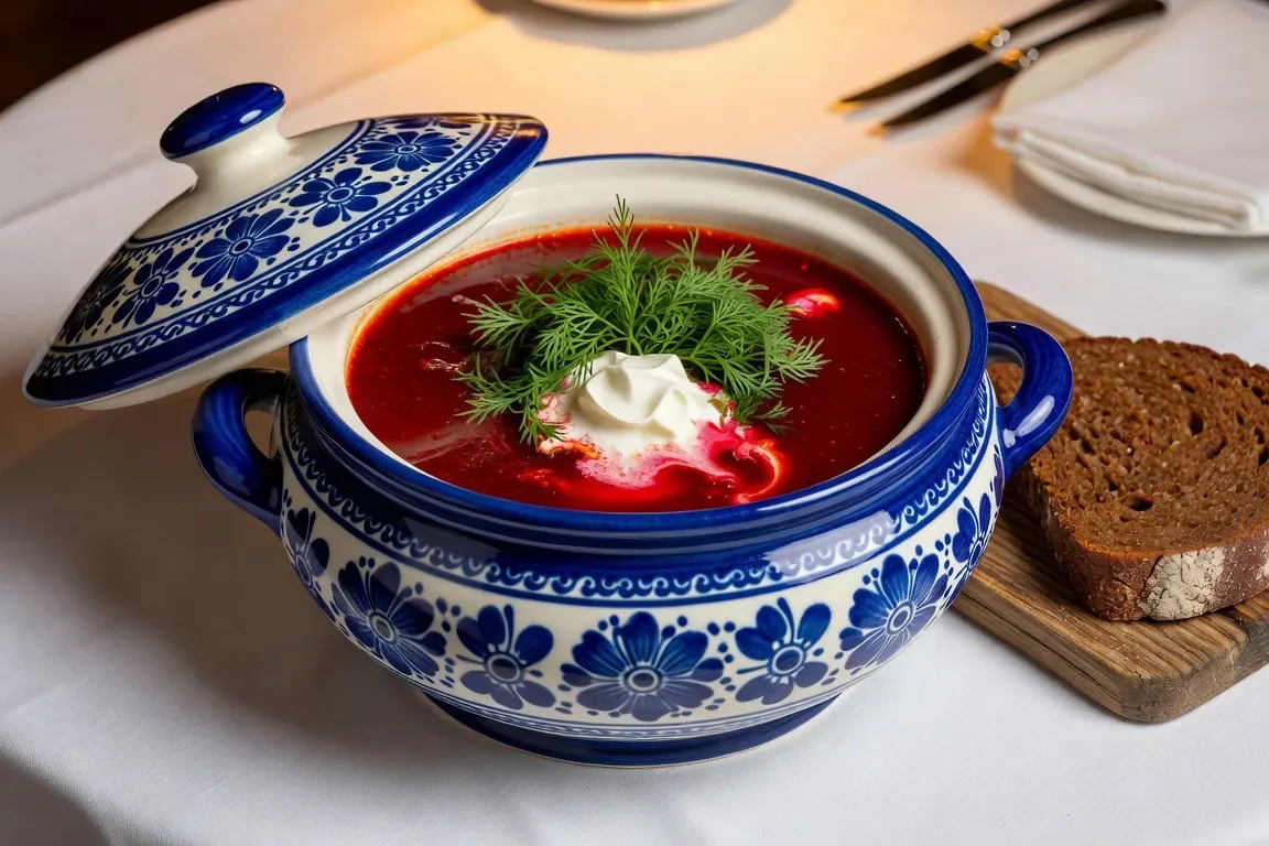 Bortsch traditionnel rouge vif dans une soupière en céramique bleue et blanche, service traiteur