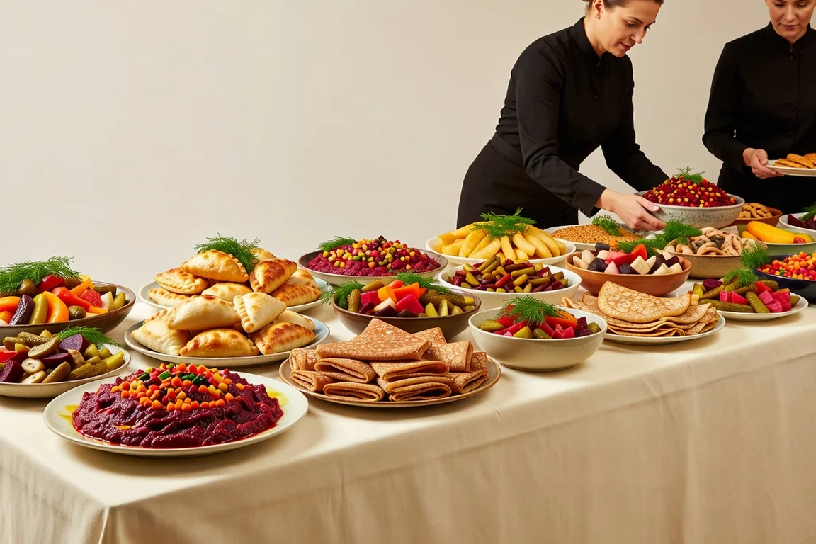 Buffet russe végétarien coloré avec vinegret de betterave, pirojki dorés, blinis et légumes marinés sur table de réception