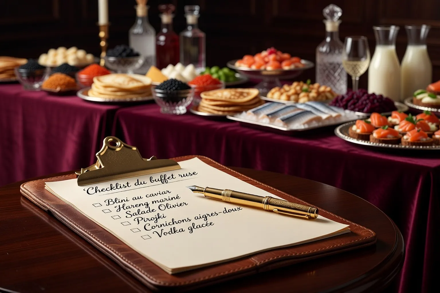 Presse-papiers avec checklist de buffet russe, stylo or et table dressée en arrière-plan