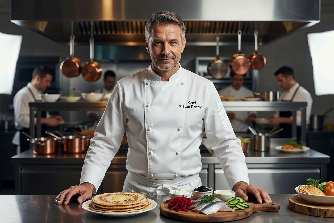 Portrait éditorial d'Alexandre Volkov, chef traiteur slave spécialisé en zakouski et blinis