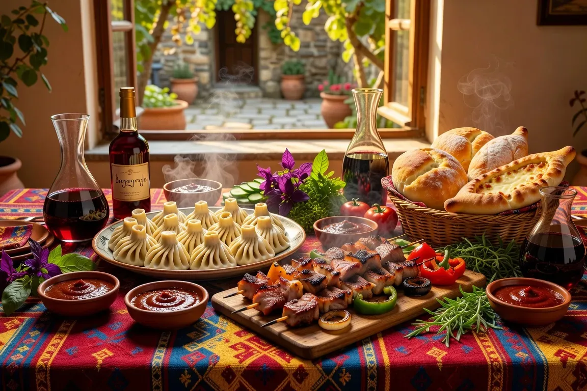 Table géorgienne festive avec khinkali, shashlyk et vins du Caucase