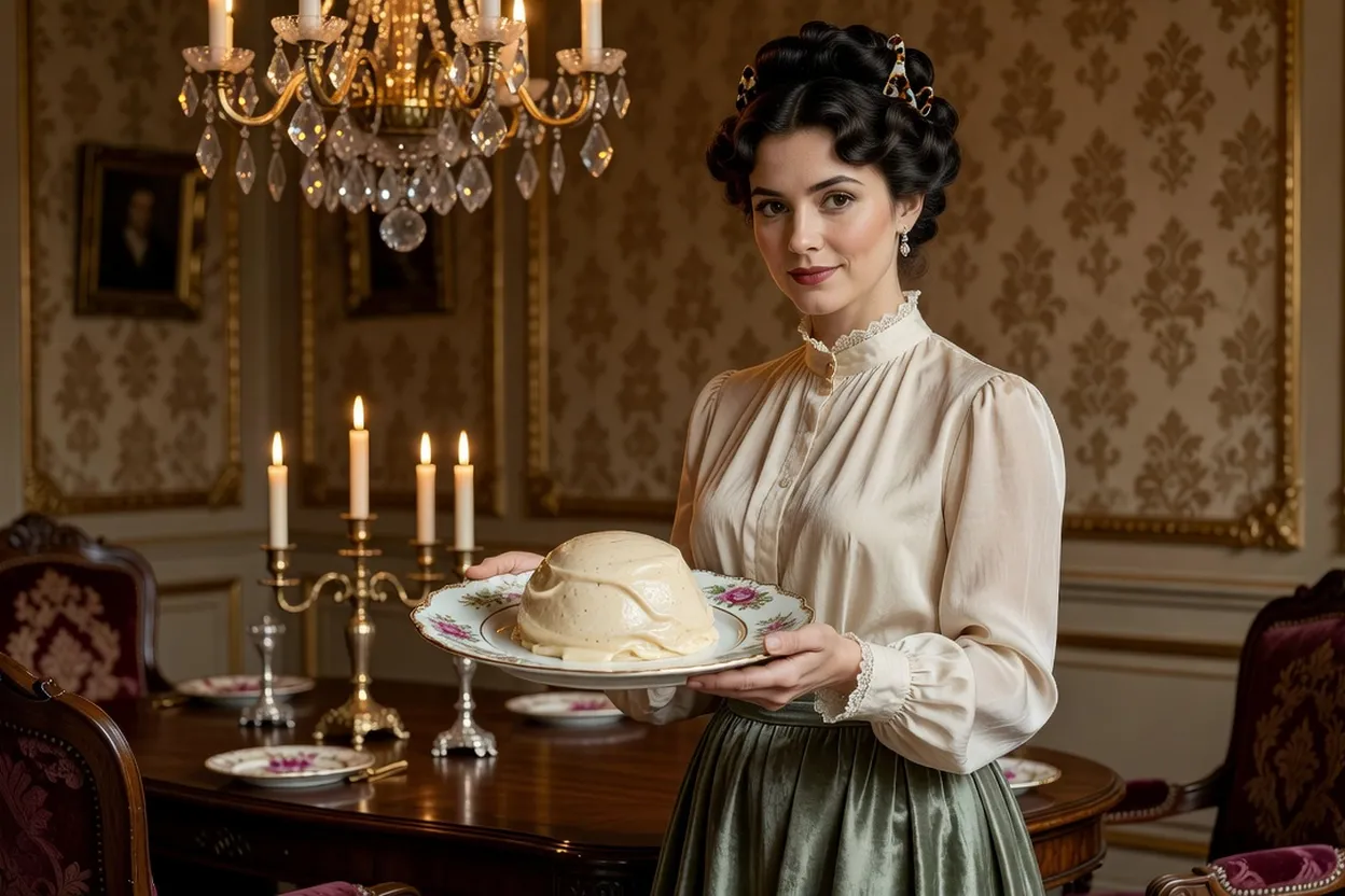 Entremet crémeux à la vanille démoulé sur une assiette ancienne, décor de table à la française du début du XXe siècle, lumière douce et nostalgique