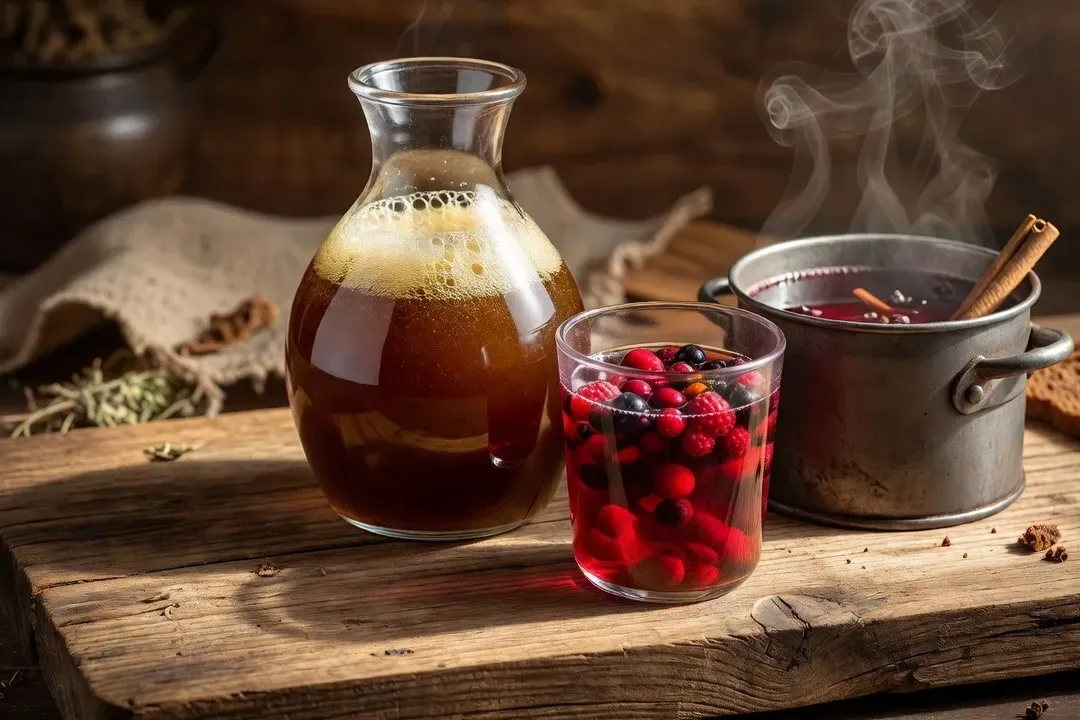 Carafe de kvas artisanal brun ambré, verre de kompot aux fruits rouges, pot de sbiten chaud épicé sur bois brut