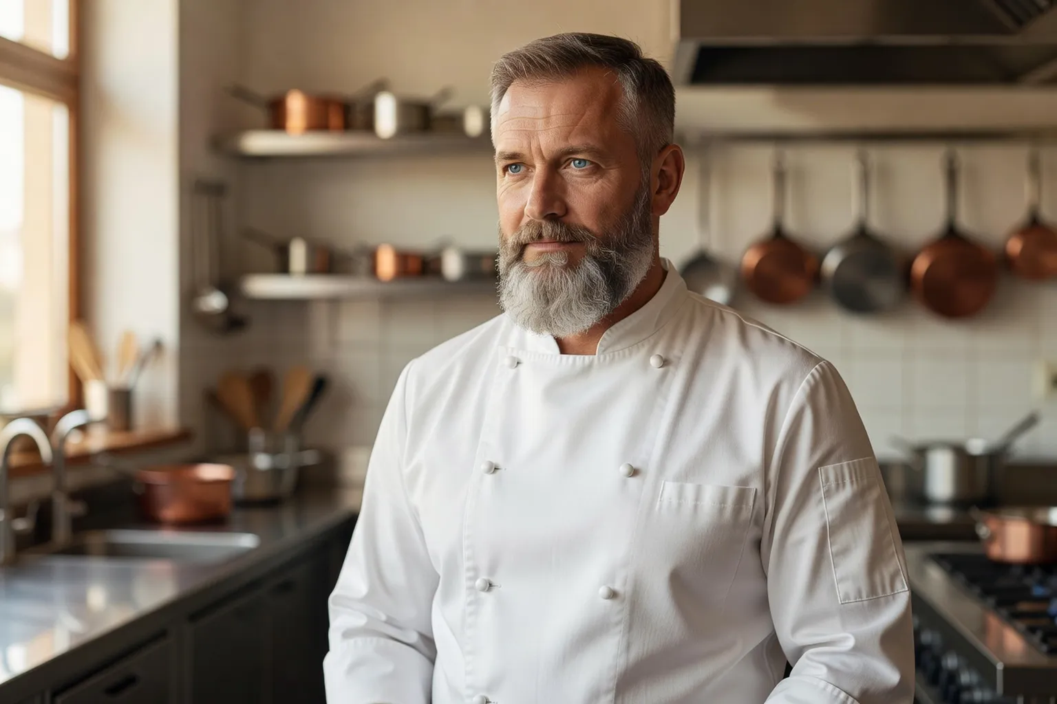 Portrait éditorial du chef Dmitri Volkov en cuisine professionnelle