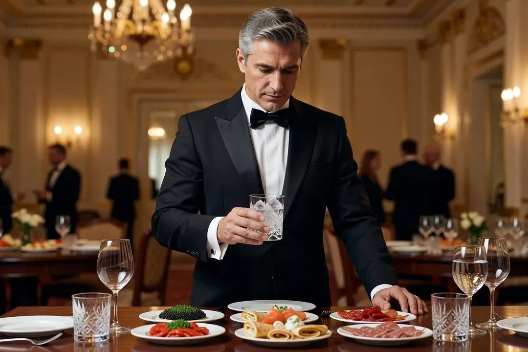 Sommelier dégustant un verre de vodka glacée lors d'une réception russe raffinée