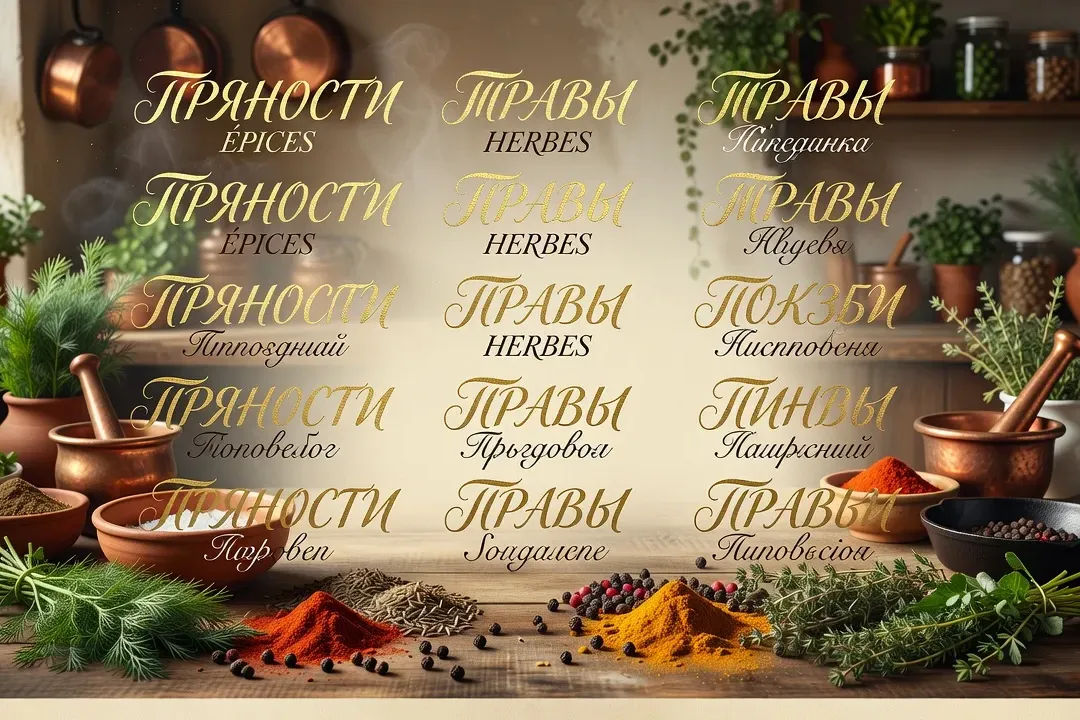 Tableau lexicographique stylisé : mots russes cyrilliques avec traduction française, ambiance cuisine slave