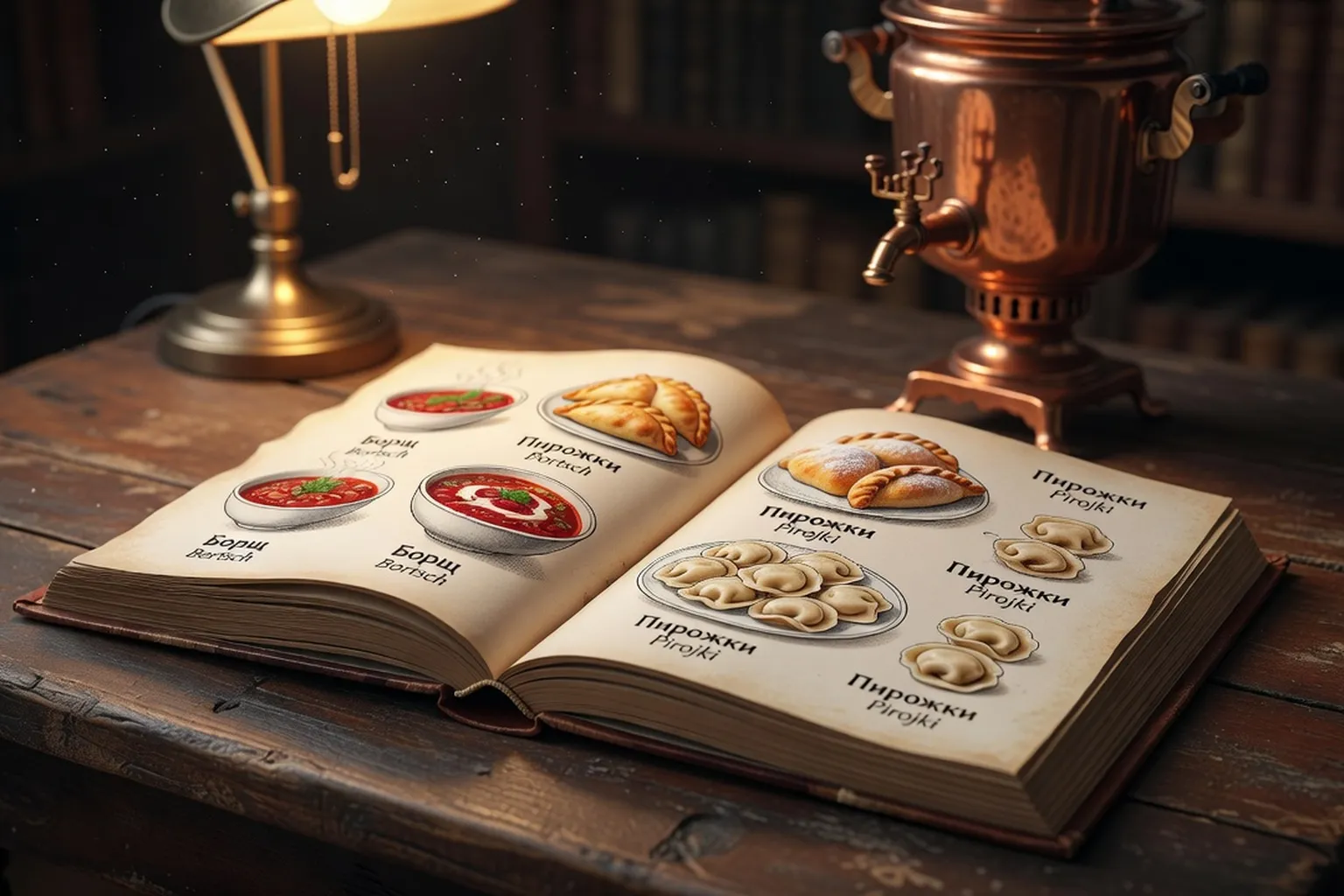 Livre de cuisine russe ouvert avec plats étiquetés en cyrillique et français, samovar en arrière-plan