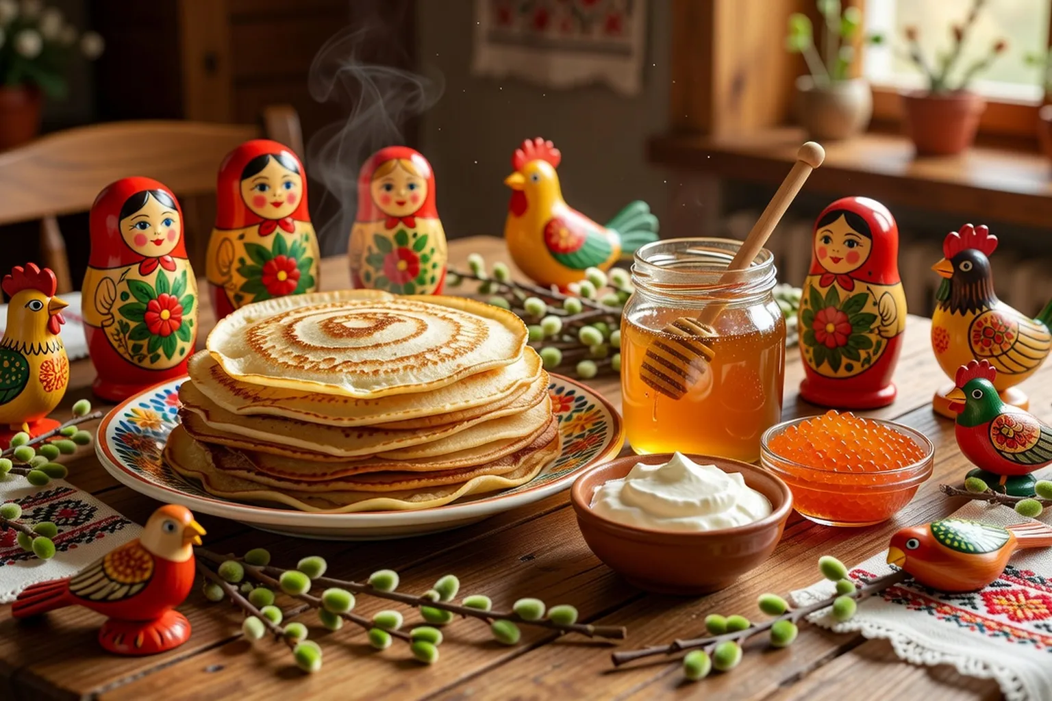 Table de Maslenitsa avec pile de blinis dorés, smetana, miel et caviar rouge — buffet russe printanier