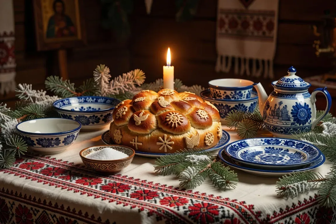 Table du Noël orthodoxe russe avec pain rituel, bougie et plats traditionnels sur nappe brodée rouge