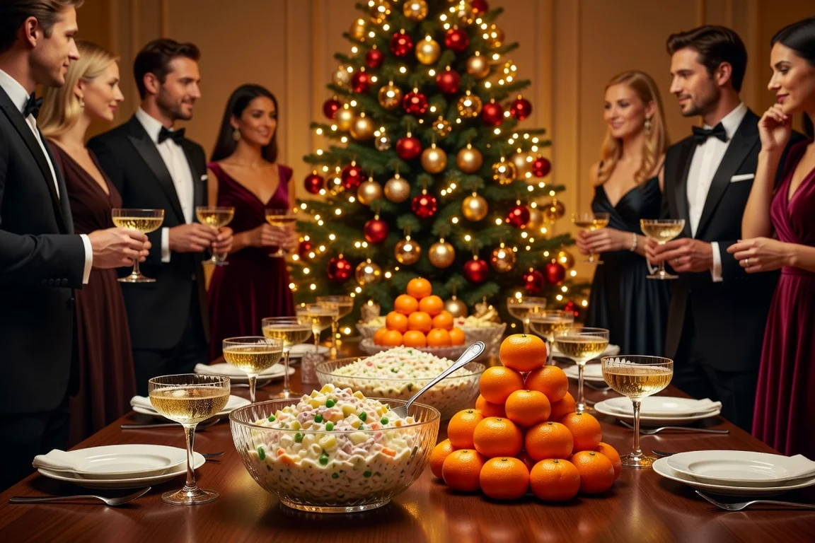 Table de réveillon russe du Nouvel An avec salade Olivier, mandarines, champagne et sapin yolka décoré en arrière-plan
