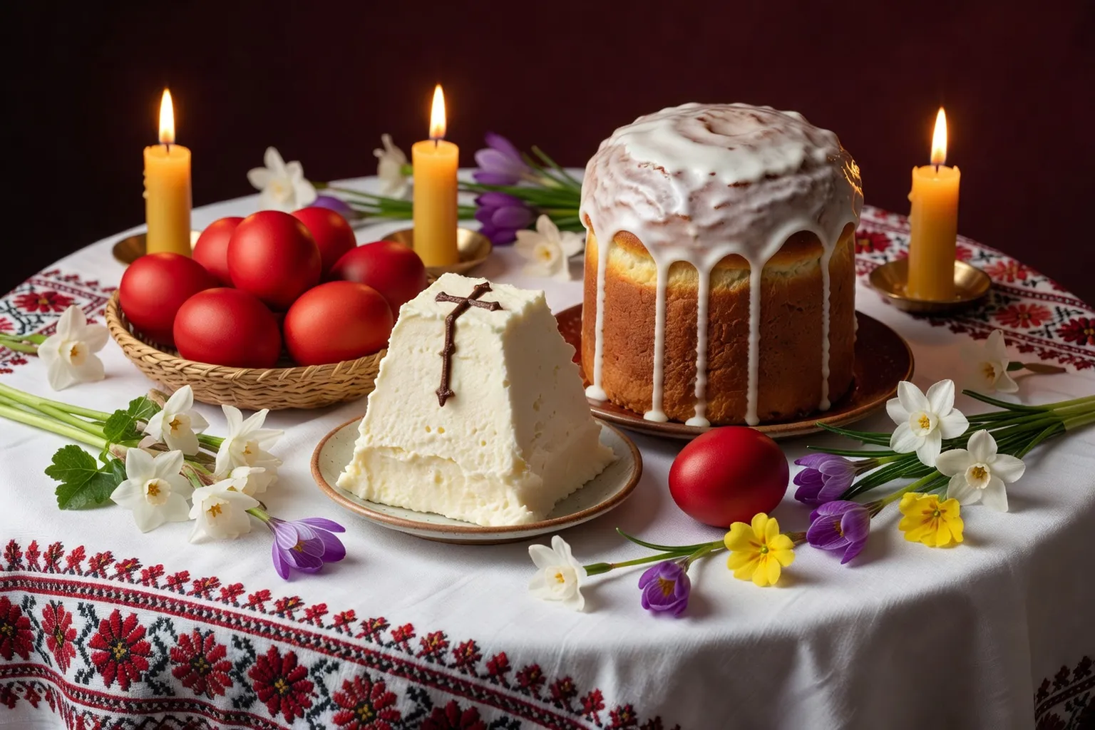 Table de Pâques russe avec koulitch, paskha et œufs peints