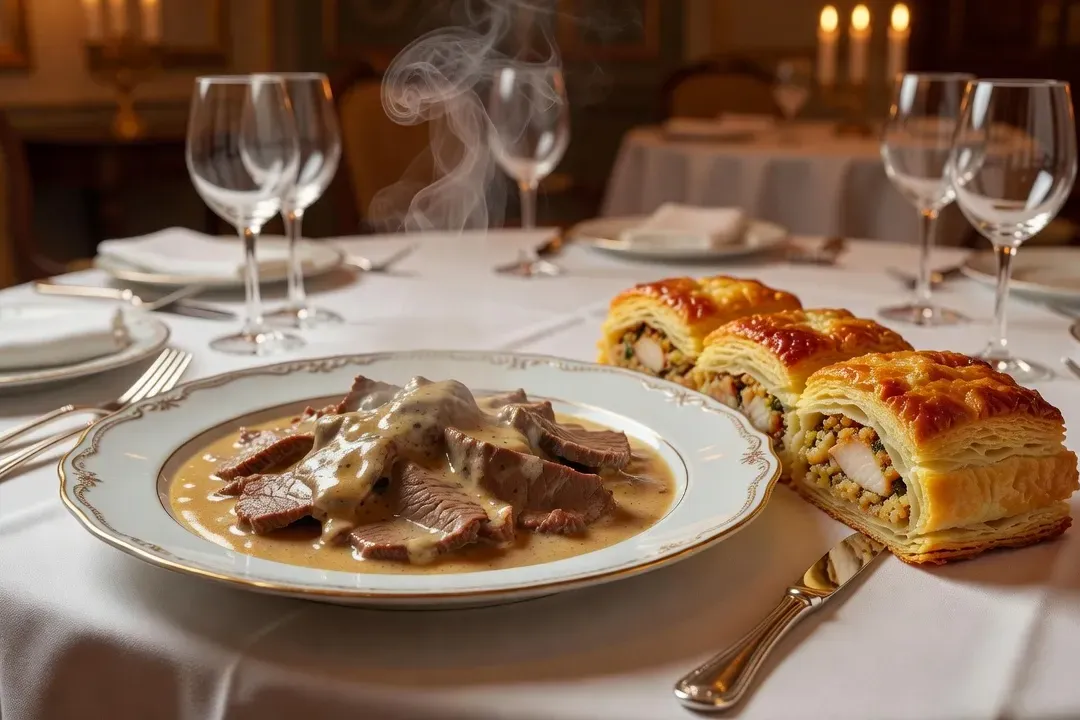 Table de réception russe avec bœuf Stroganov et koulibiac feuilleté fumants