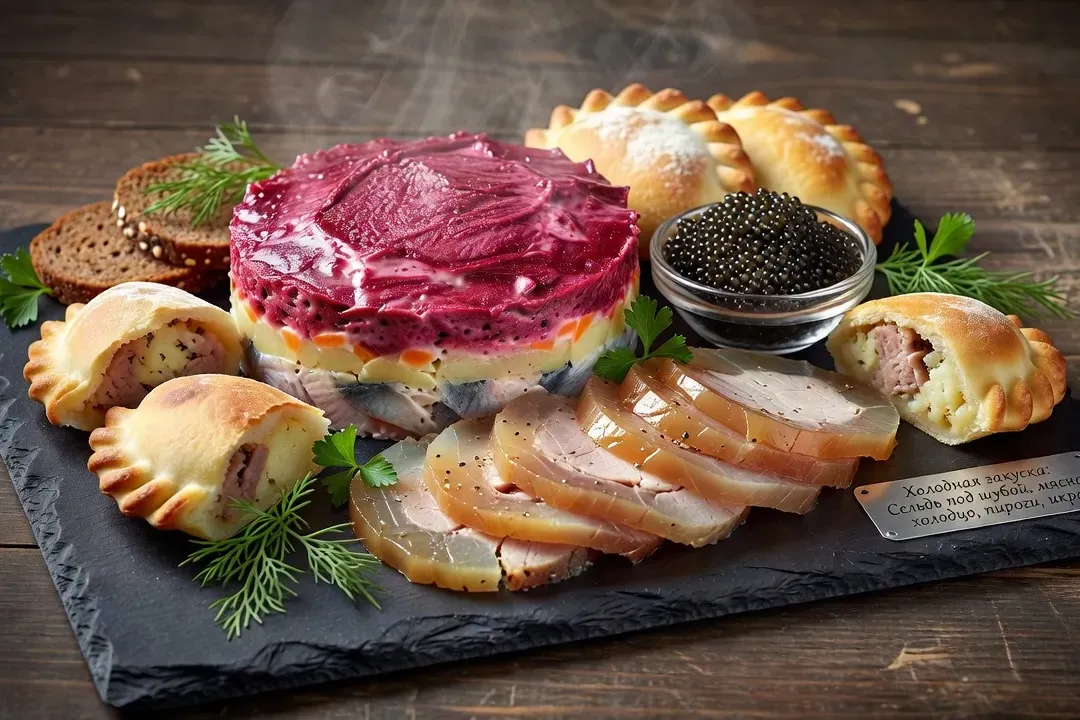 Planche de zakouski russes d'apparat : hareng sous manteau betterave, viande en gelée, pirojki, caviar sur ardoise
