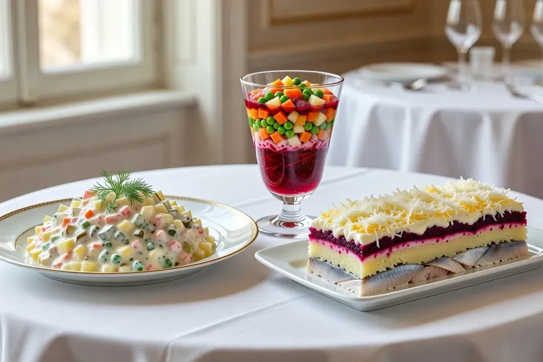 Salade Olivier, vinegret et hareng sous fourrure présentés sur une table de réception russe