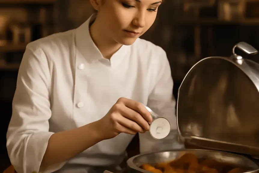 Cheffe vérifiant la température d'un plat sur un buffet russe avec un thermomètre