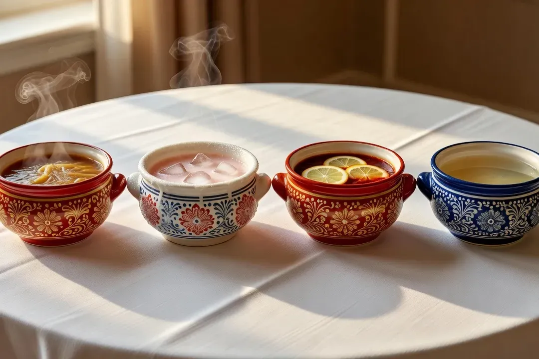 Quatre soupières en céramique traditionnelle russe disposées sur une table de réception