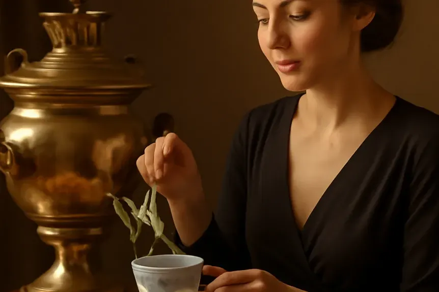 Service de thé russe au samovar avec sushki et varenié sur une table de réception