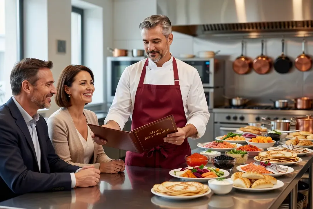 Traiteur russe en tablier présentant un buffet à des clients, discussion consultation