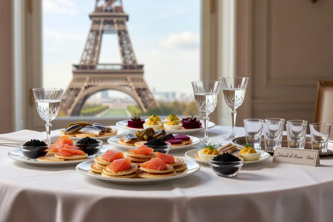 Vue du marché gastronomique russe parisien avec zakouski et spécialités slaves