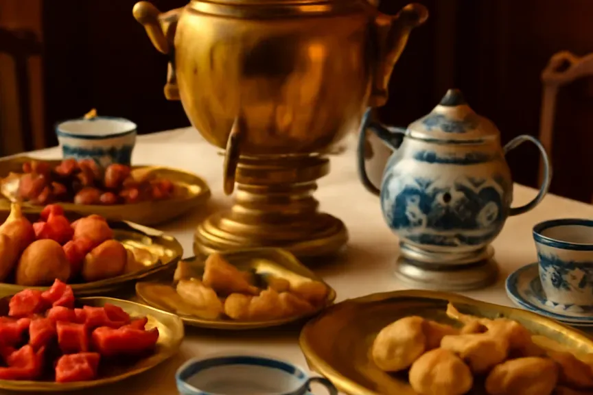 Table de réception dressée avec plateaux khokhloma dorés et porcelaine gjel bleu et blanc