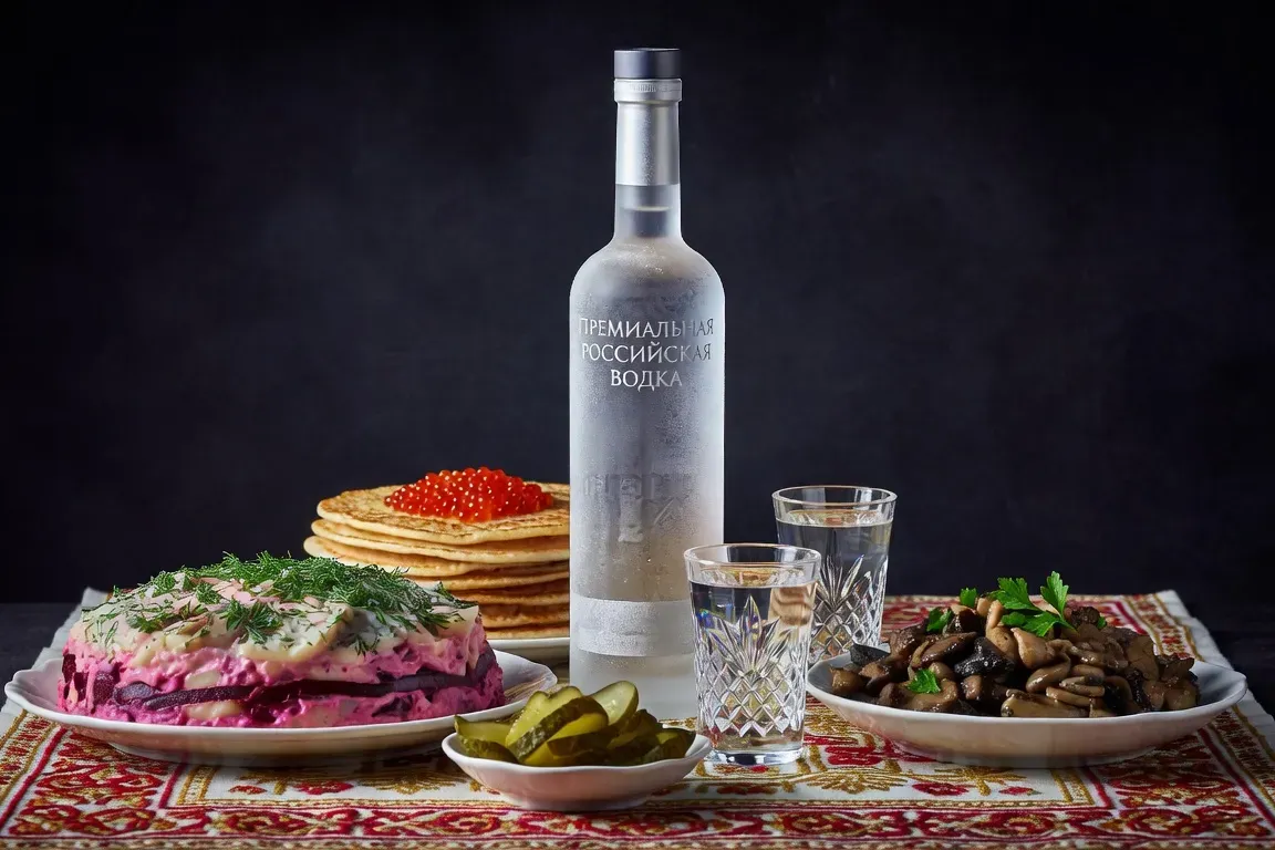 Bouteille de vodka russe givrée entourée de zakouski traditionnels sur nappe brodée