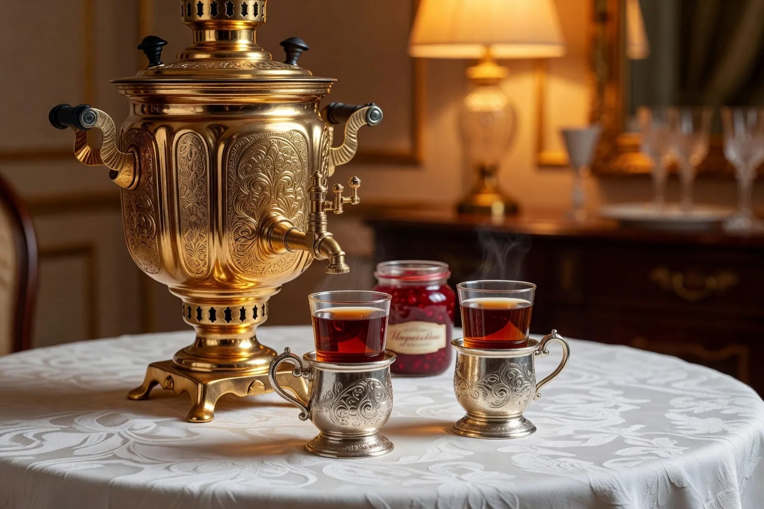 Samovar doré et verres en argent sur nappe blanche