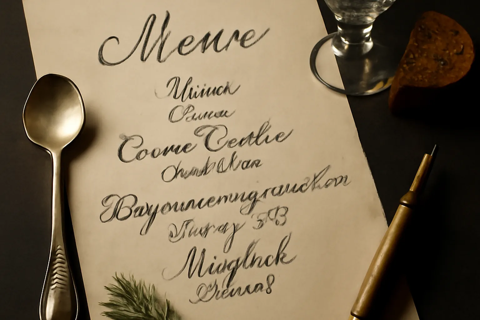Menu russe calligraphié sur parchemin entouré de plats traditionnels