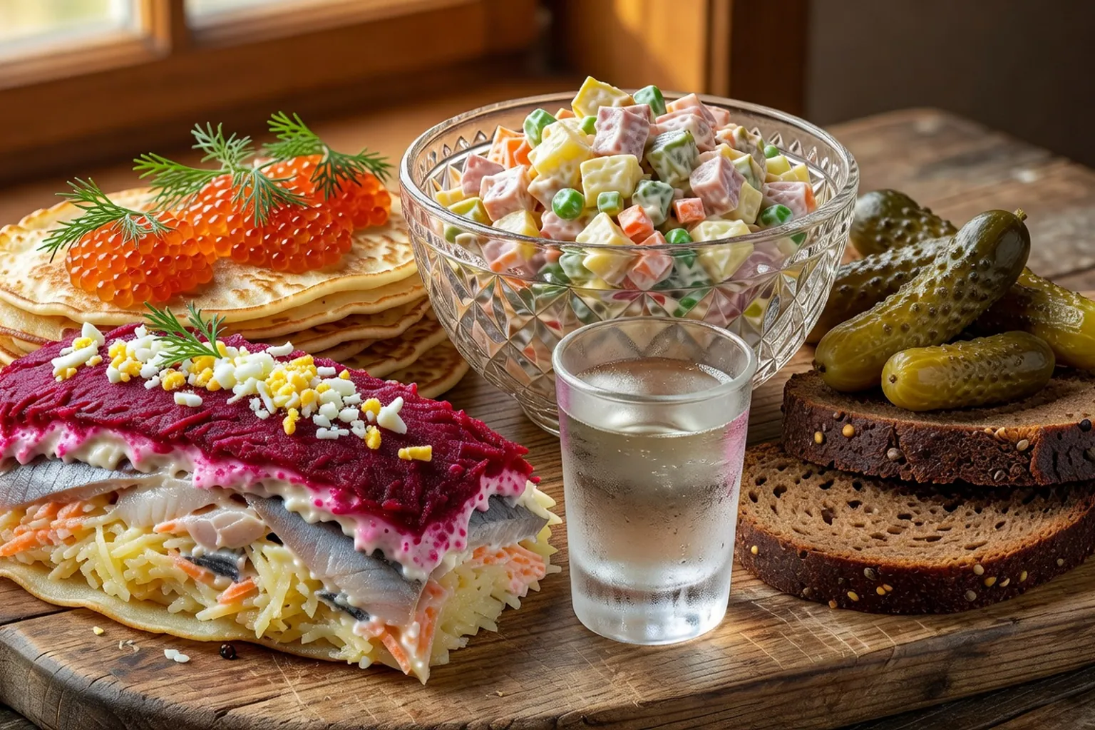 Buffet russe dressé avec plateaux de zakouski, pain noir et verres de vodka